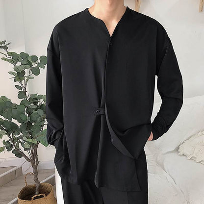 Men's Elegant Long Sleeve Shirt with Stand-Up Collar and Pockets