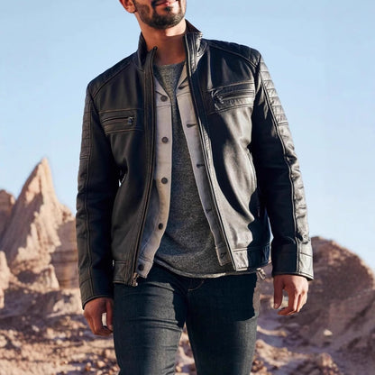 Herren Lederjacke Bikerstil Funktions-Taschen - IdealeKleiden