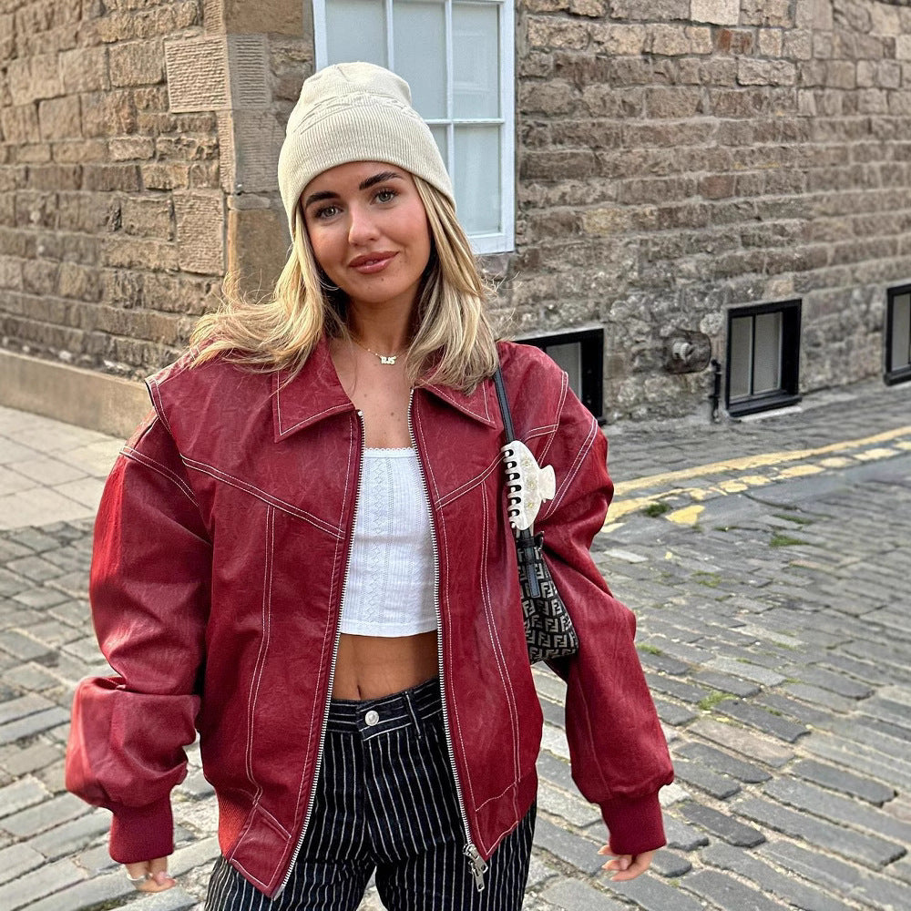 Große Damen Lederjacke Chic Oversized Design - IdealeKleiden