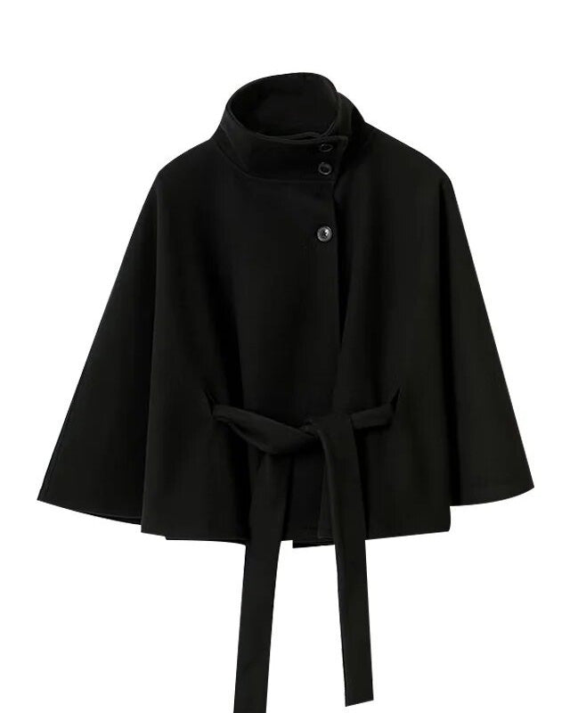 Elegant Wool Coat With Belt Stand-Up Collar