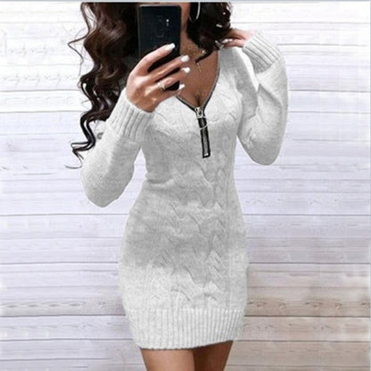 Women's Knitted Dress with Zipper and Cable Knit Pattern