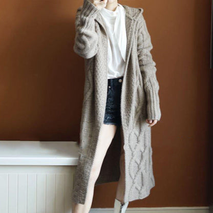 Damen Strickmantel Kapuze Zopfmuster Winter