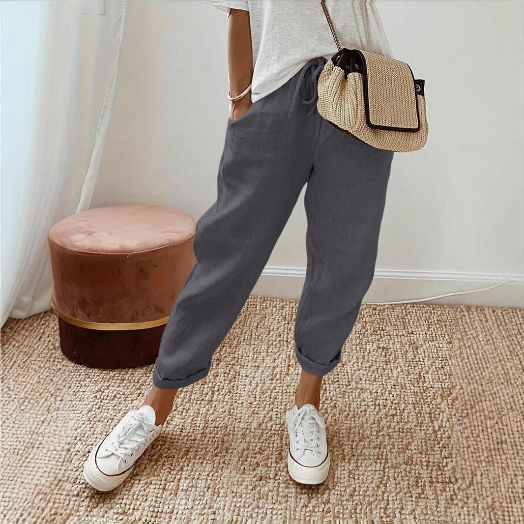 Damen Leinenhose Bequem ElastischMit Taschen - IdealeKleiden
