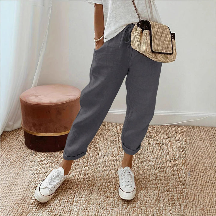 Damen Leinenhose Bequem ElastischMit Taschen - IdealeKleiden