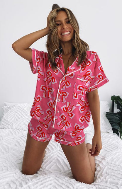 Women's Short Sleeve Bow Print Pajama Set Cute