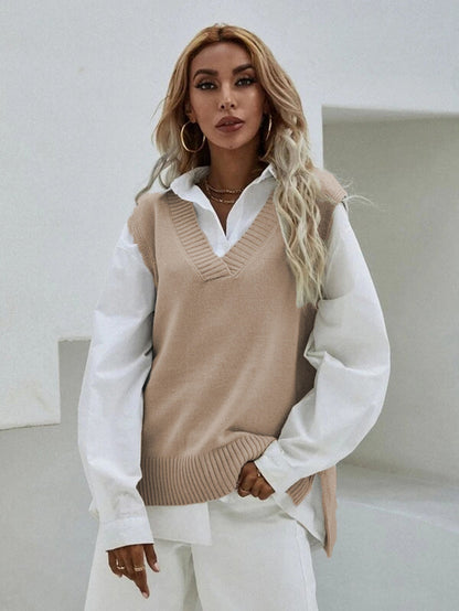 Women's Knitted Vest V-Neck Wide Rib Knit