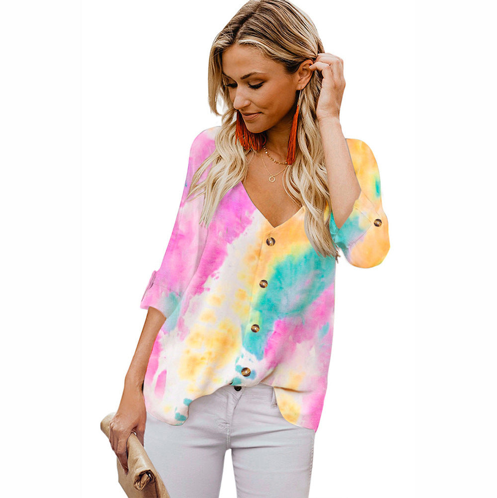 Women's Blouse Colorful Rolled-Up Sleeves
