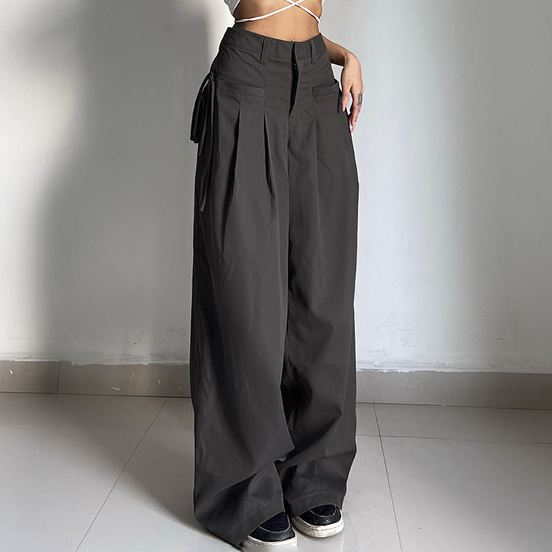 Women's Wide Leg Pleated Trousers with Pockets, Elegant
