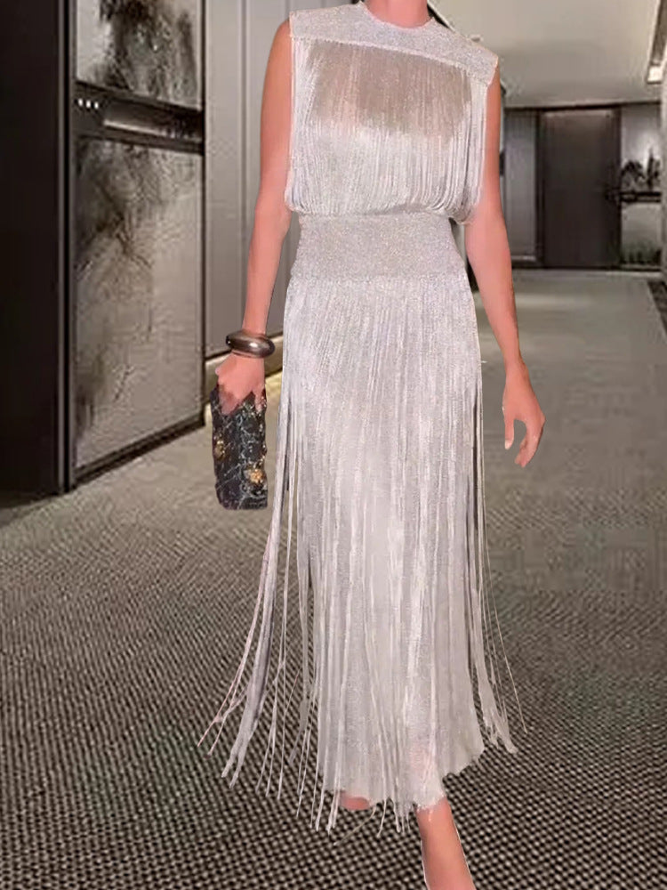 Damen Maxikleid Elegantes Design mit Falten und Fransen