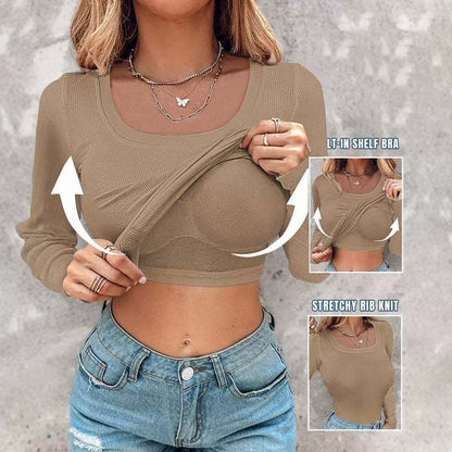 Women's Crop Top Long Sleeve Bra Insert Stretch