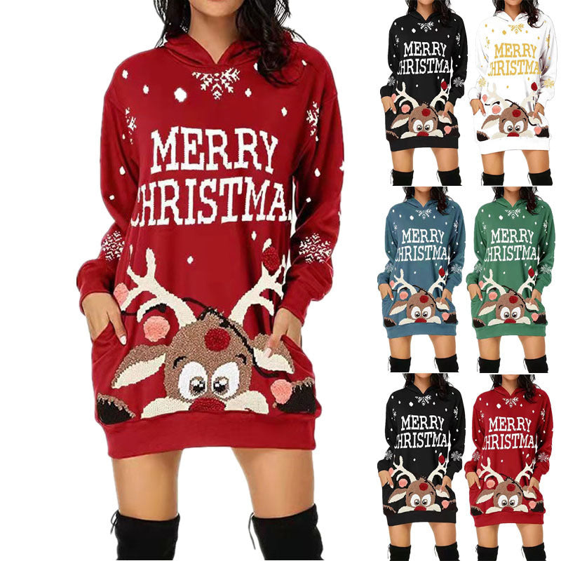Weihnachtliches Damenkleid Hoodie-Style mit Kapuze - IdealeKleiden
