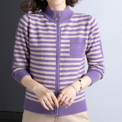 Women's Knitted Jacket Stand-Up Collar Zipper Elegant Outdoor Jacket