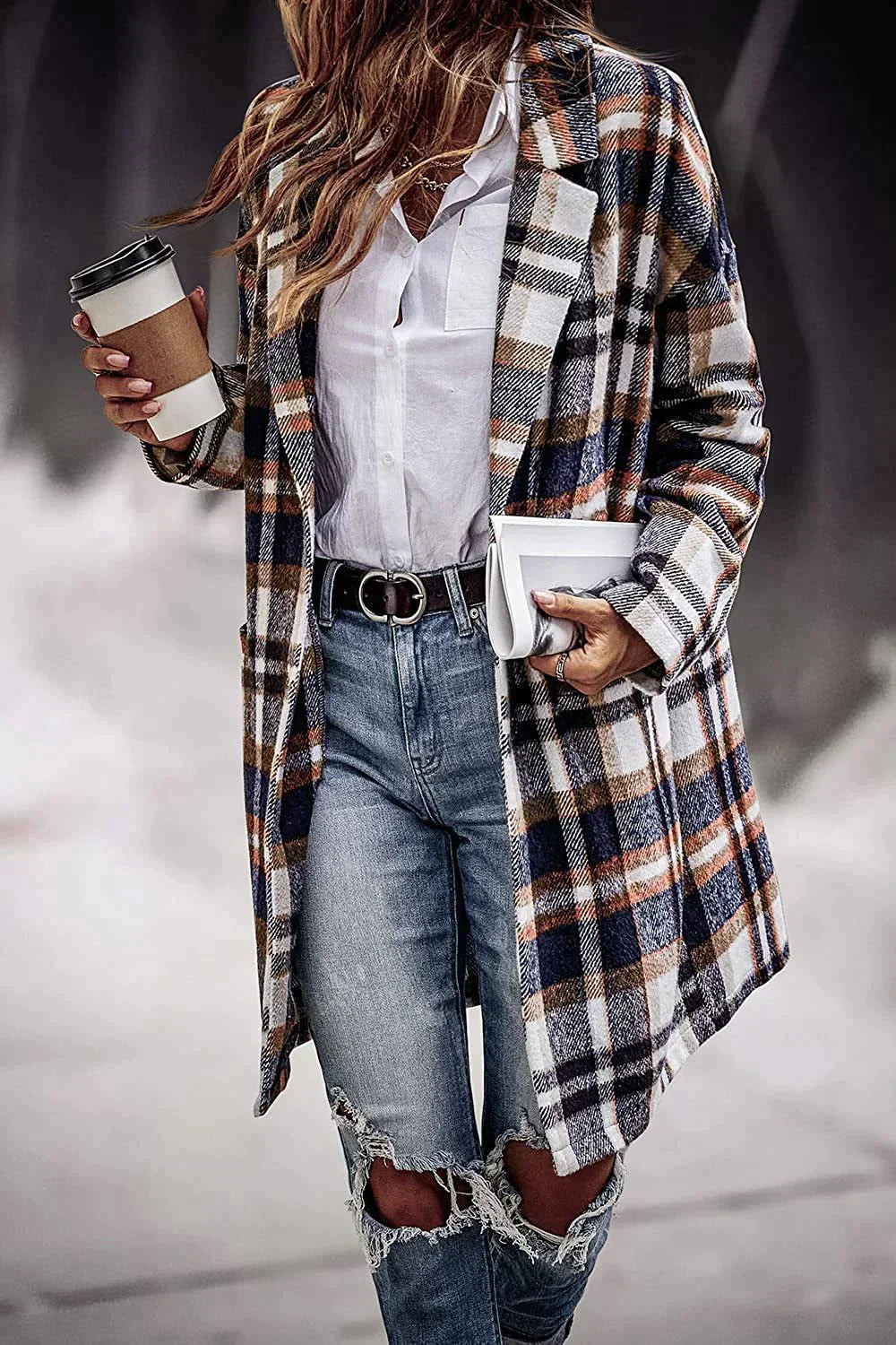 Women's Wool Coat Loose Wrinkle-free Plaid Pattern