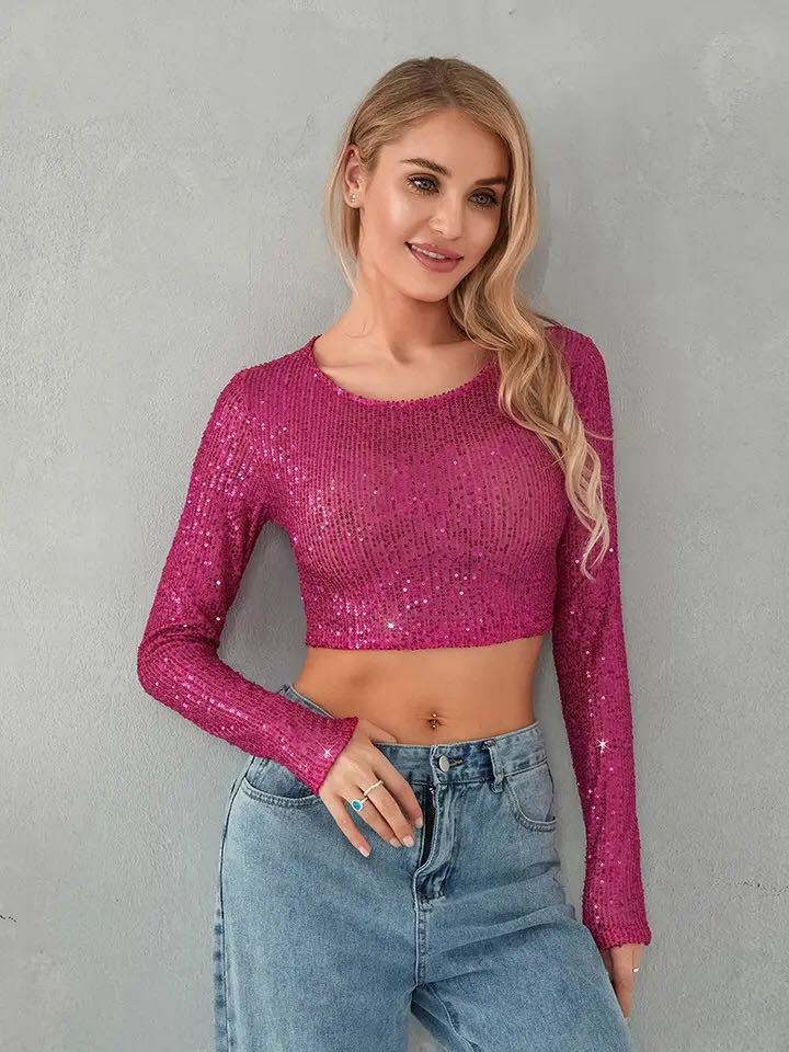 Women's Glitter Long Sleeve Top with Sequins Elegant Evening Dress