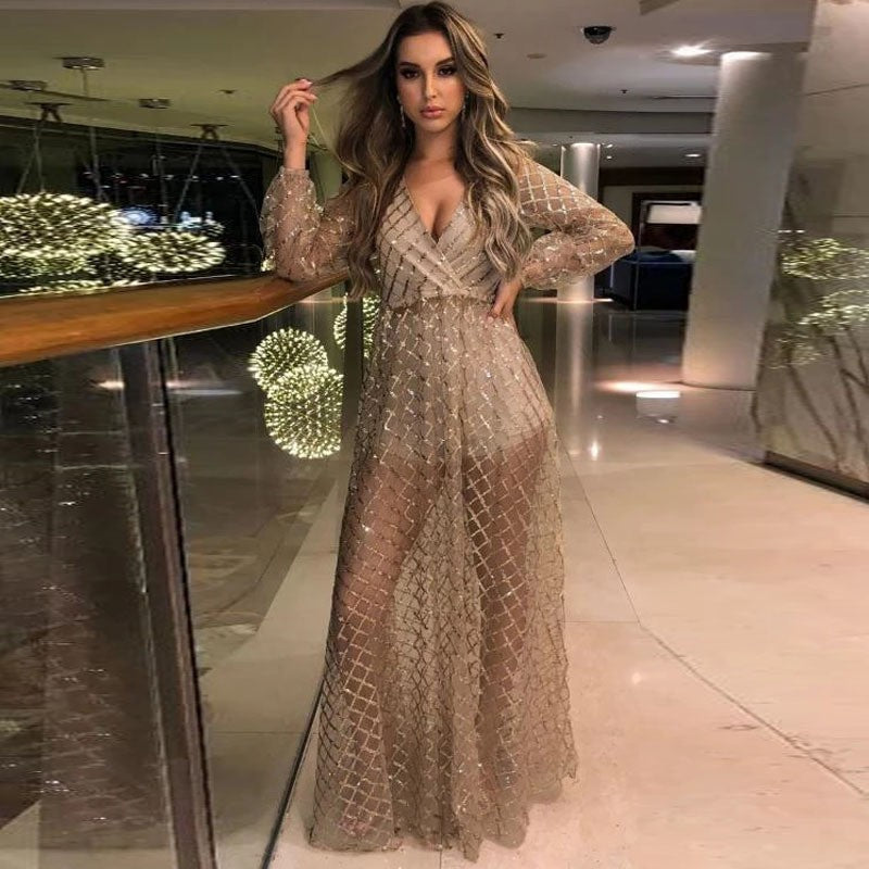 Women's Elegant Sheer Dress with Glitter Accents