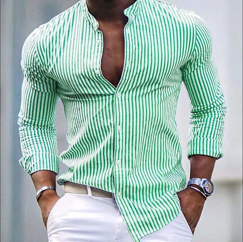 Men's Long Sleeve Shirt Modern Stand-up Collar Stripe Design