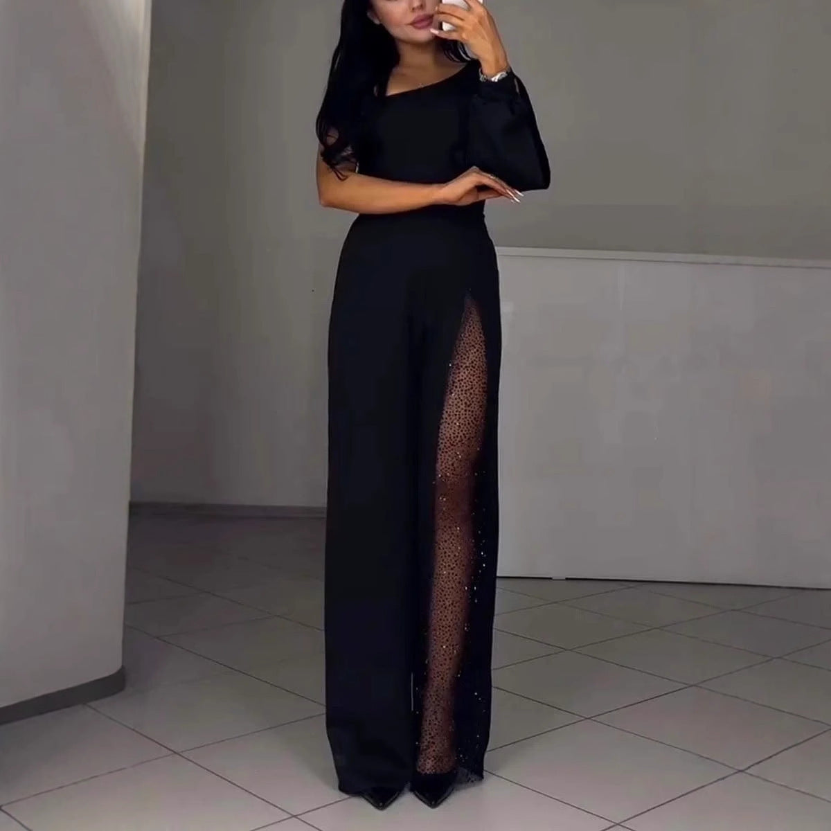 Eleganter Damen Jumpsuit Pailletten Detail - IdealeKleiden