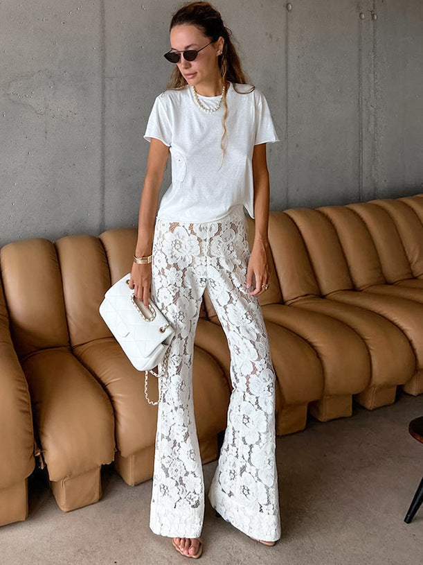 Women's Elegant Lace Wide-Leg Floral Trousers