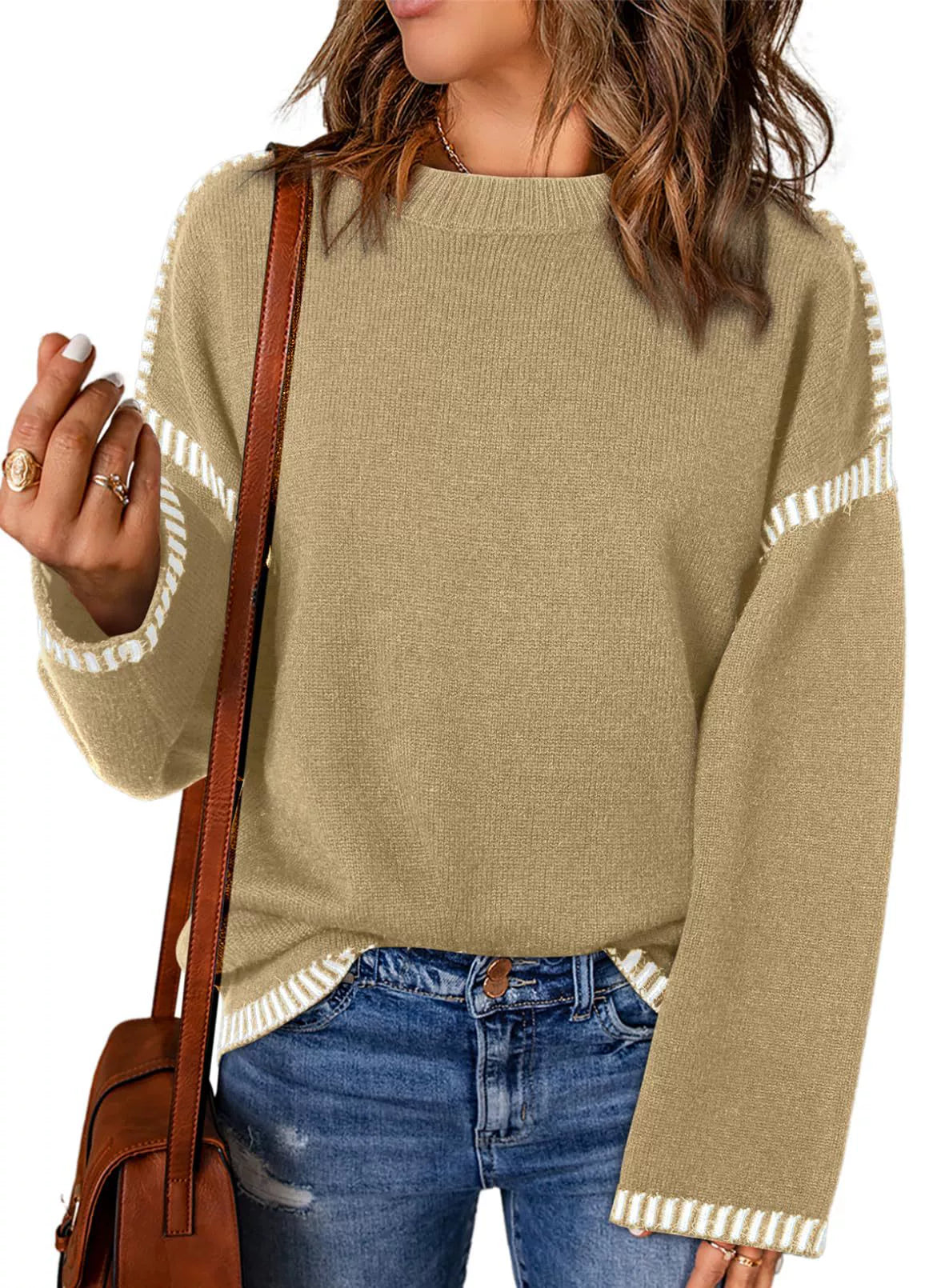 Loose Women's Clothing Round Neck Cable Knit Long Sleeve Stripes