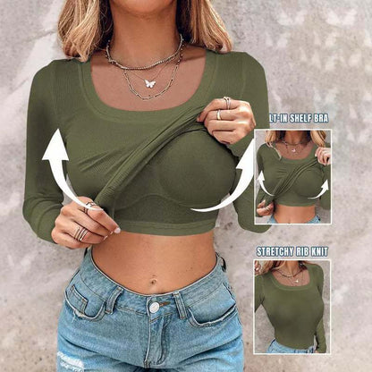 Women's Crop Top Long Sleeve Bra Insert Stretch