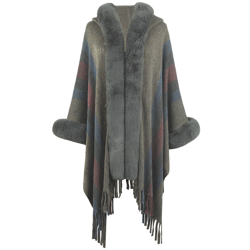 Women's Long Poncho Luxury Faux Fur Collar
