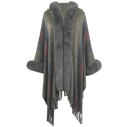 Women's Long Poncho Luxury Faux Fur Collar