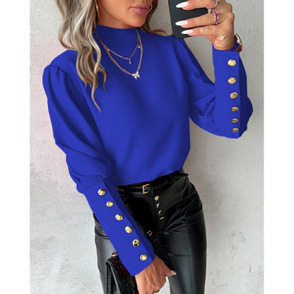 Elegant Women's Blouse Puff Sleeves Gold Details