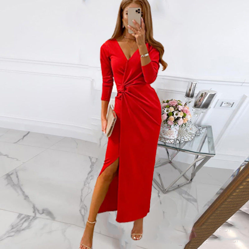 Women's Wrap Dress Elegant V-Neck High Slit