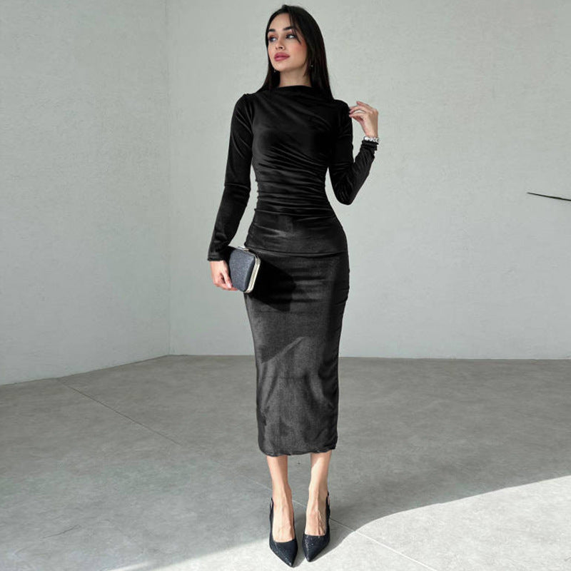 Elegantes Damen Langarmkleid Figurbetonend Raffdesign