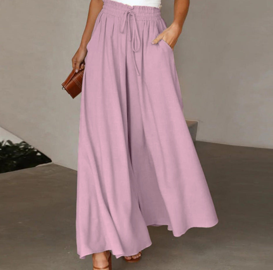 Women's Elegant Wide-Leg Trousers with Elastic Waistband and Pockets
