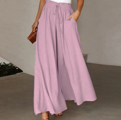Women's Elegant Wide-Leg Trousers with Elastic Waistband and Pockets