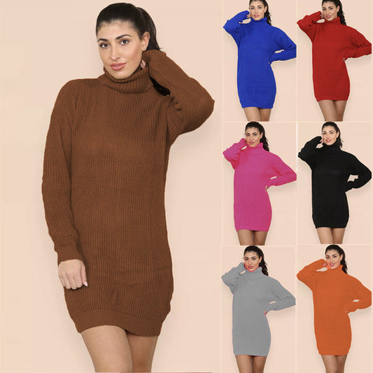 Damen Strickkleid Hochkragen Gestrickt Elegant - IdealeKleiden