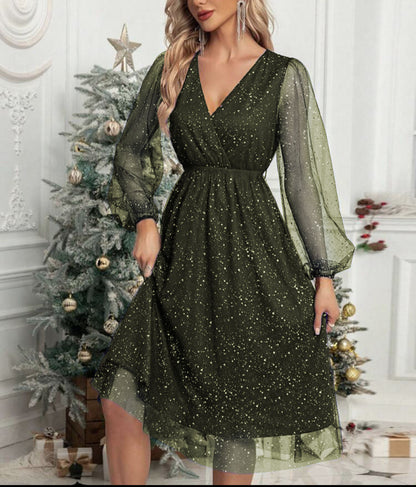 Women's Party Dress Glitter Puff Sleeve Evening Gown Elegant