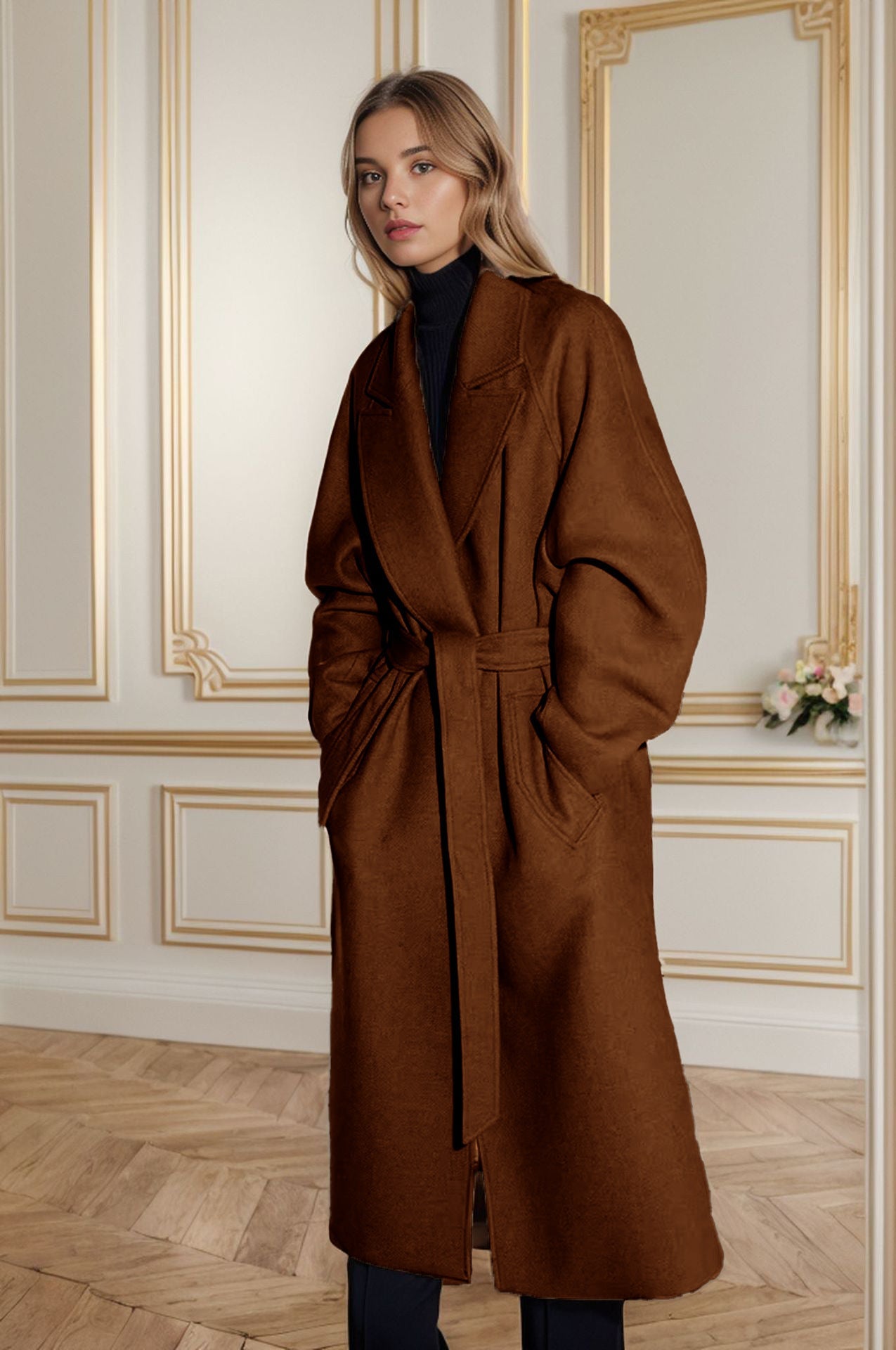 Women's Elegant Wool Coat with Wide Sleeves and Belt