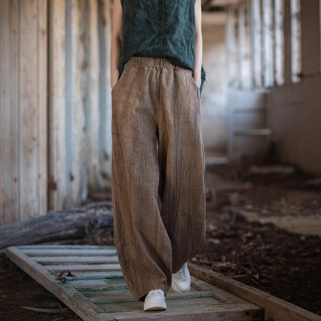 Damen Leinenhose Weit Bequem Sommer - IdealeKleiden