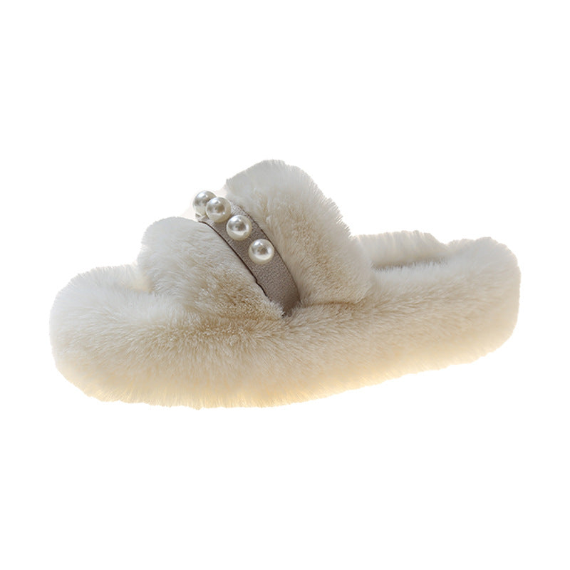 Women's Plush Soft Slippers with Pearl Decor