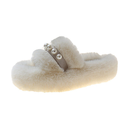 Women's Plush Soft Slippers with Pearl Decor