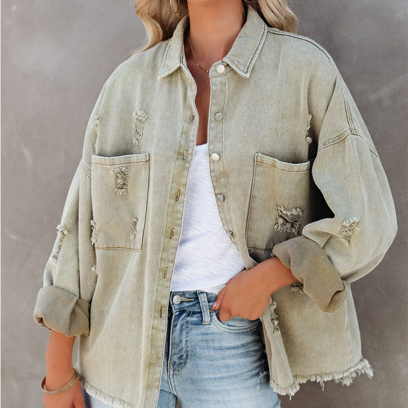 Women's Oversized Denim Blouse with Fringes Trendy Style