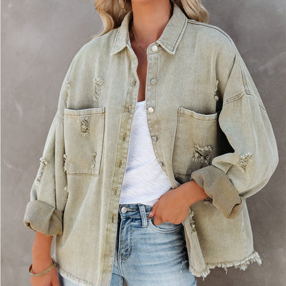 Women's Oversized Denim Blouse with Fringes Trendy Style