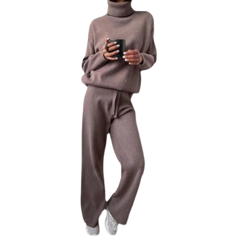 Women's Elegant High-Neck Knitted Wide-Leg Suit