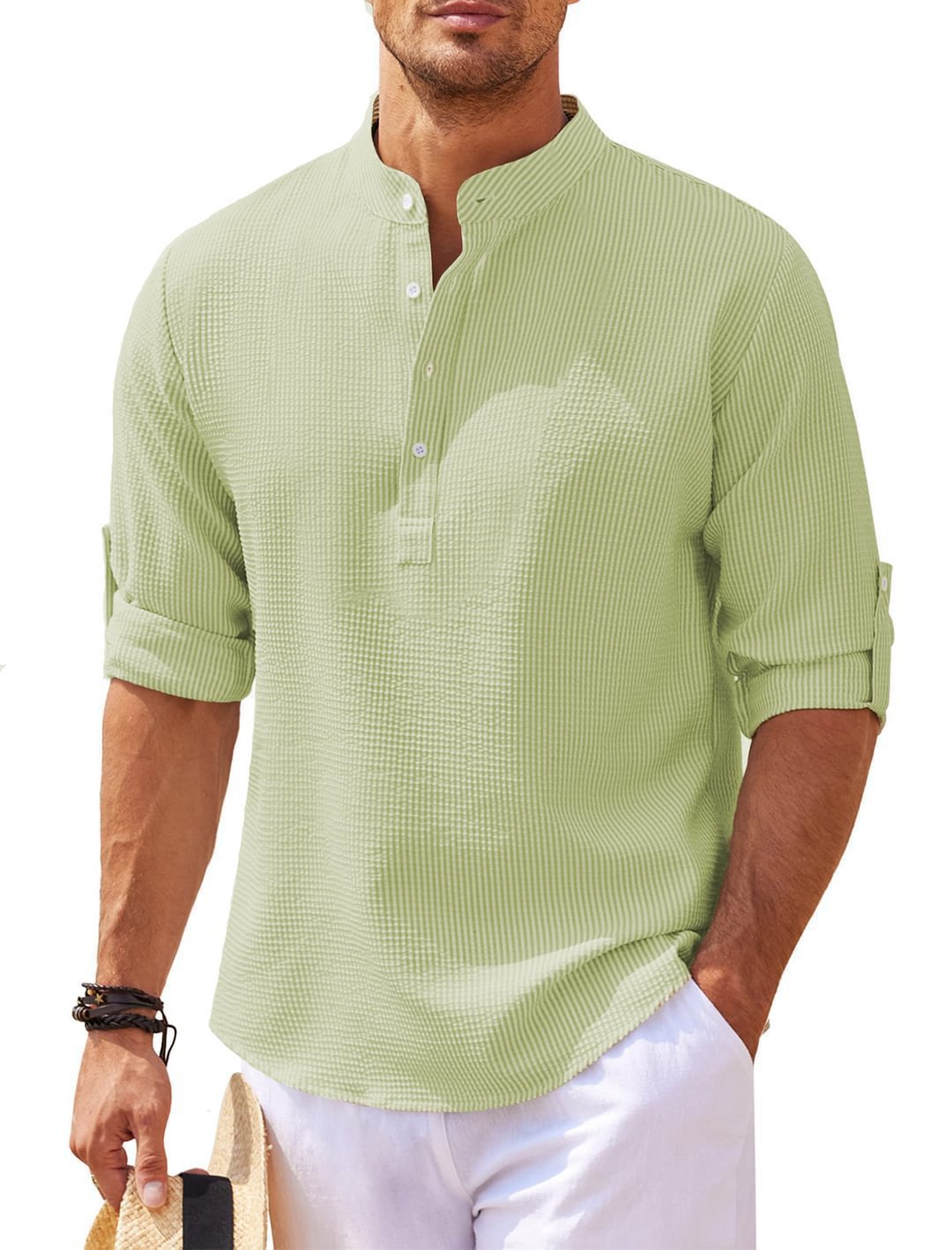 Herren Hemd Relaxed Fit Stehkragen Rippoptik