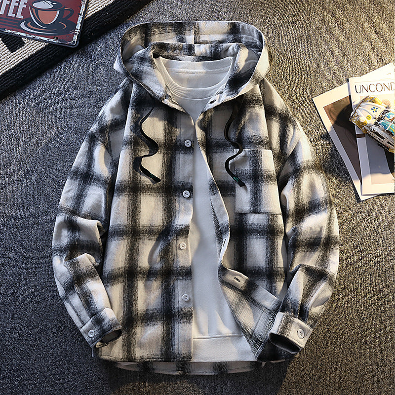 Men's Plaid Flannel Jacket Hooded Modern