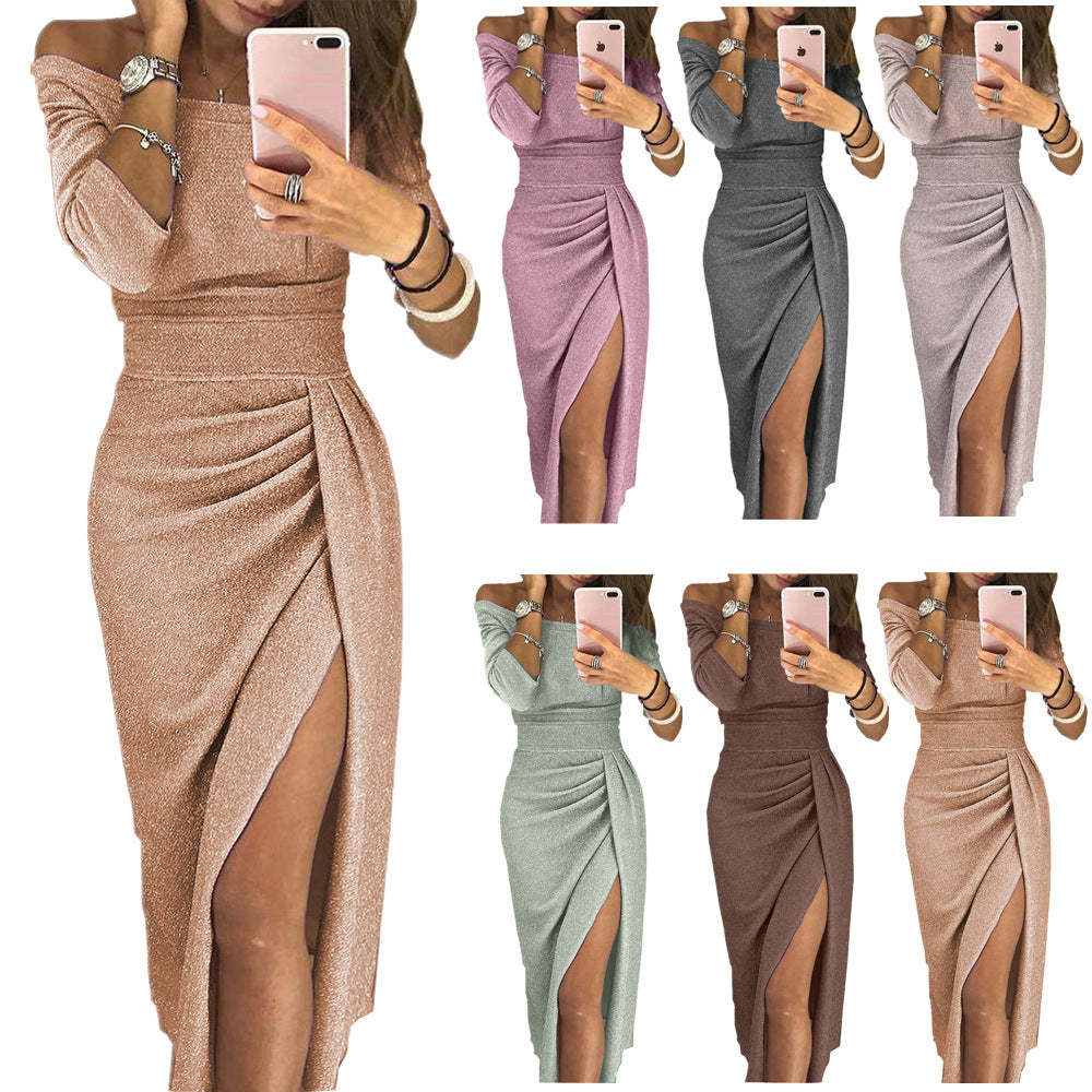 Damen Partykleid Off Shoulder Glitzer Stoff - IdealeKleiden