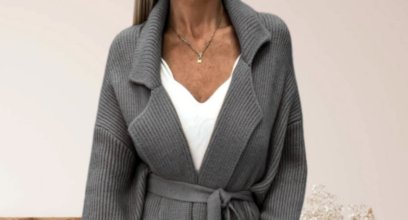 Women's Knitted Cardigan Elegant Belt Wide Lapels