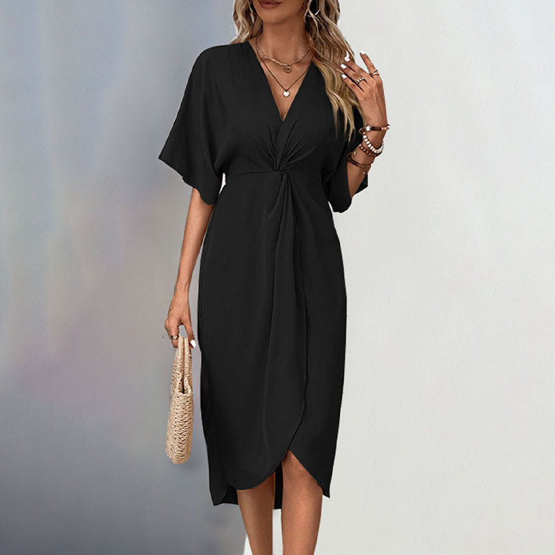 Elegantes Damen Wickelkleid mit V-Ausschnitt und Chic Knoten - IdealeKleiden