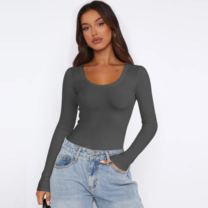 Women's Long-Sleeve Top Fine Ribbed Crew Neck Elegant