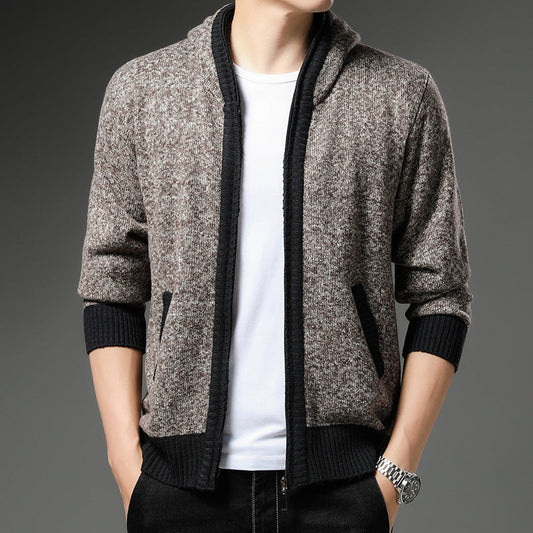 Herren Strickjacke Modern Kapuze Schwarz Weiß - IdealeKleiden