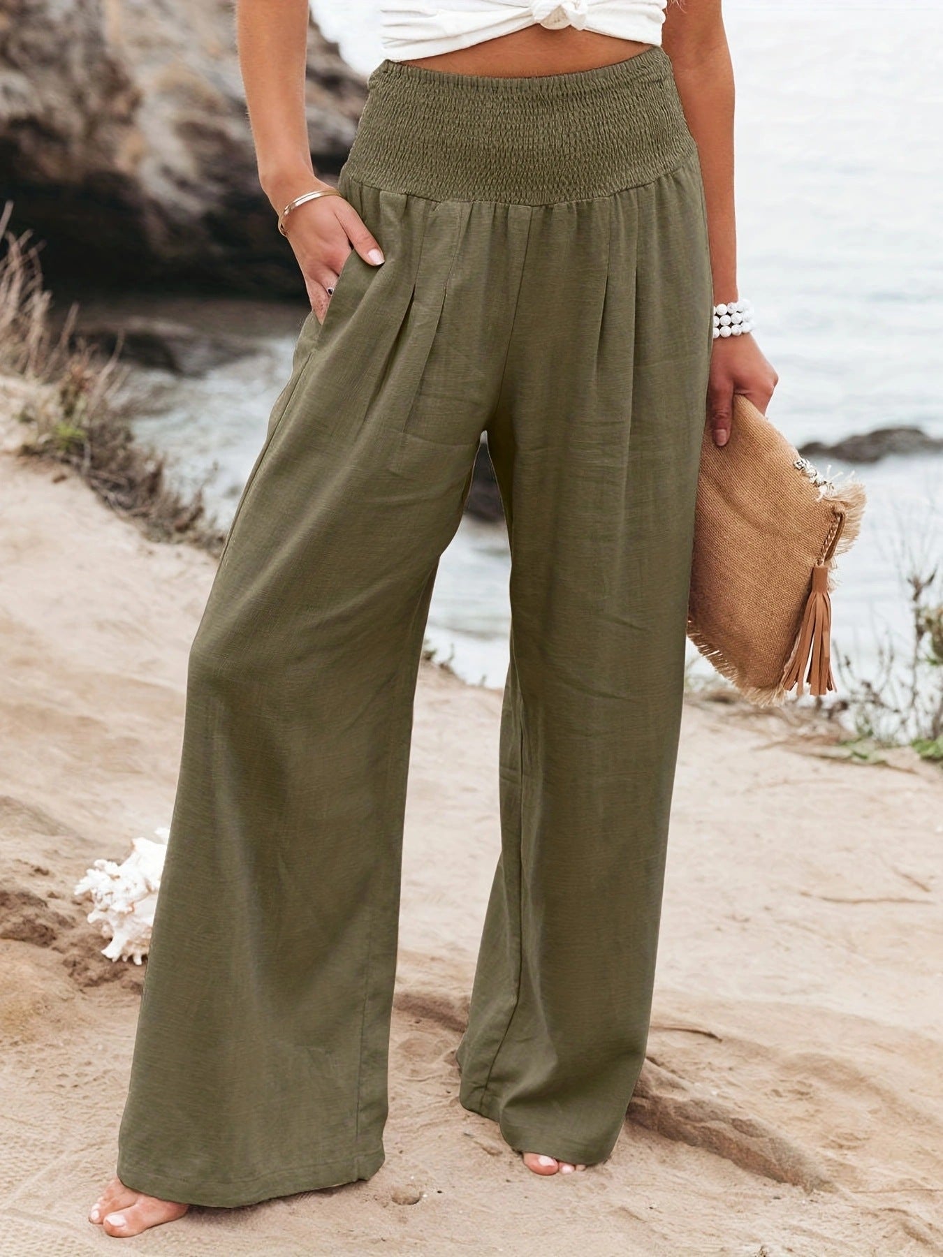 Women's Linen Trousers Wide Comfortable Pleated Skirt Effect