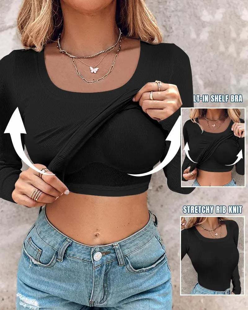Women's Crop Top Long Sleeve Bra Insert Stretch