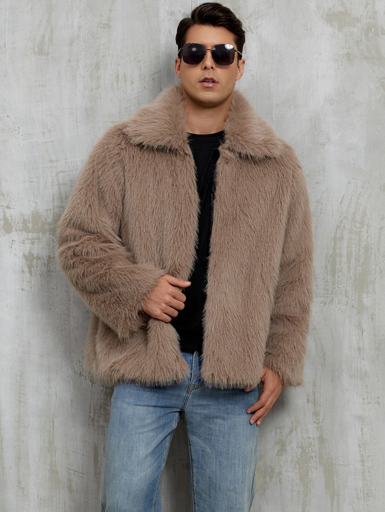 Men's Faux Fur Coat Soft with Wide Collar